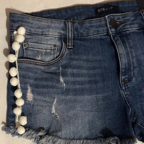 STS Blue Distressed Denim Shorts with Pom-Poms New with tags size 29 - Picture 4 of 10